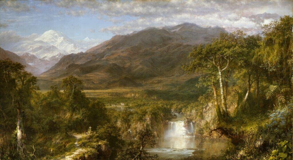 Panoramic view of lush Andes mountains and rivers bathed in golden light in Frederic Edwin Church’s painting The Heart of the Andes, evoking grandeur, exploration, and emotional renewal.