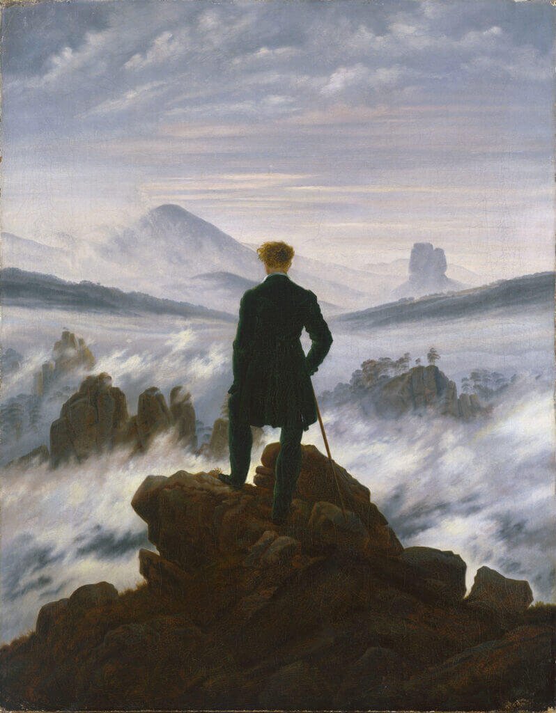 Painting "Wanderer above the Sea of Fog" by Caspar David Friedrich, depicting a lone figure on a rocky peak gazing over misty mountains—symbol of introspection, transition, and the end of a journey.