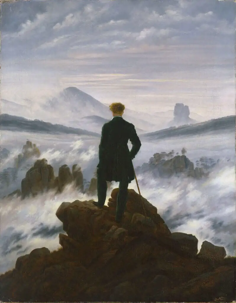 Painting "Wanderer above the Sea of Fog" by Caspar David Friedrich, depicting a lone figure on a rocky peak gazing over misty mountains—symbol of introspection, transition, and the end of a journey.