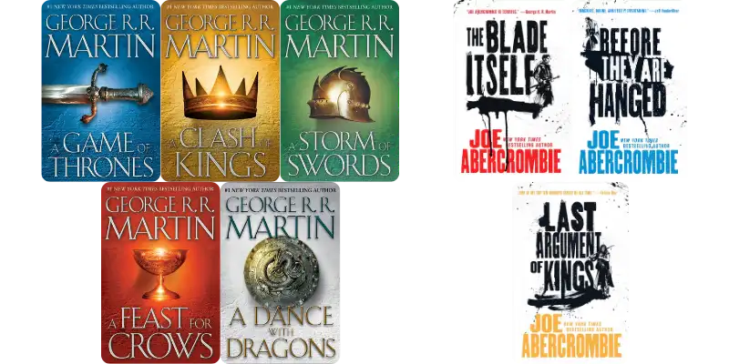 12 Books Like The Wheel of Time, Sorted by What You Actually Loved 5 Book covers for A Song of Ice and Fire by George R.R. Martin and The First Law trilogy by Joe Abercrombie.