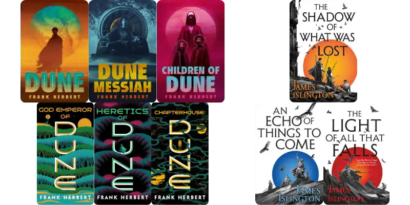 12 Books Like The Wheel of Time, Sorted by What You Actually Loved 3 Book covers for the Dune series by Frank Herbert and the Licanius Trilogy by James Islington.