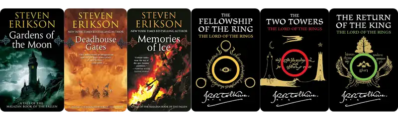 12 Books Like The Wheel of Time, Sorted by What You Actually Loved 4 Book covers for the first three Malazan Book of the Fallen novels by Steven Erikson and the Lord of the Rings trilogy by J.R.R. Tolkien