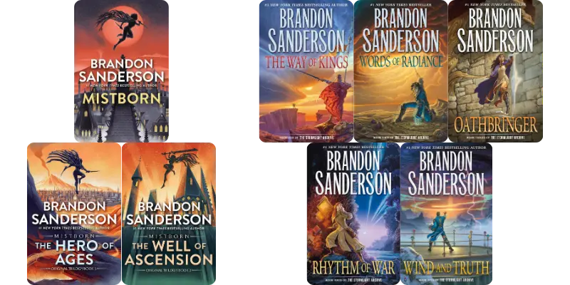 12 Books Like The Wheel of Time, Sorted by What You Actually Loved 2 Book covers for the Mistborn Trilogy and the Stormlight Archive by Brandon Sanderson.