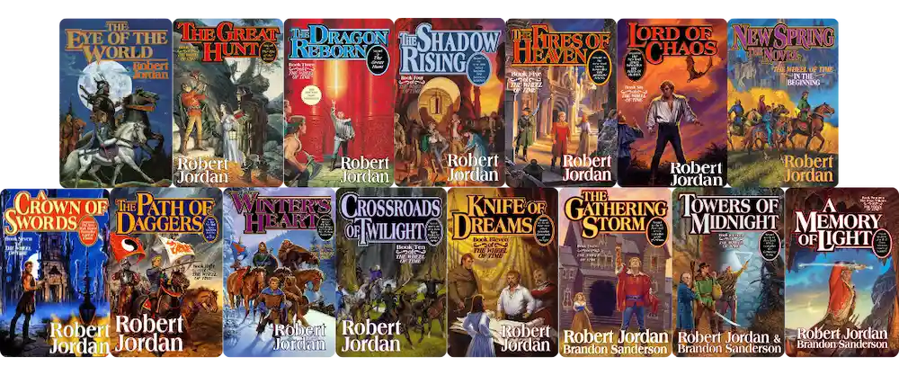 12 Books Like The Wheel of Time, Sorted by What You Actually Loved 1 All 15 Wheel of Time book covers by Robert Jordan displayed in two rows, from The Eye of the World to A Memory of Light