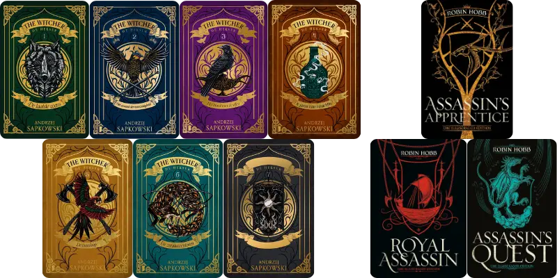 12 Books Like The Wheel of Time, Sorted by What You Actually Loved 7 Book covers for The Witcher series by Andrzej Sapkowski and the Farseer Trilogy by Robin Hobb.