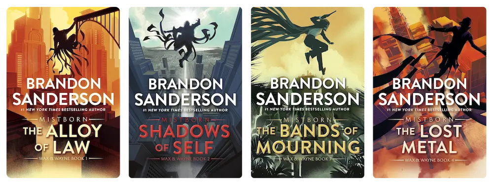 The four Mistborn Era 2 books by Brandon Sanderson lined up horizontally.